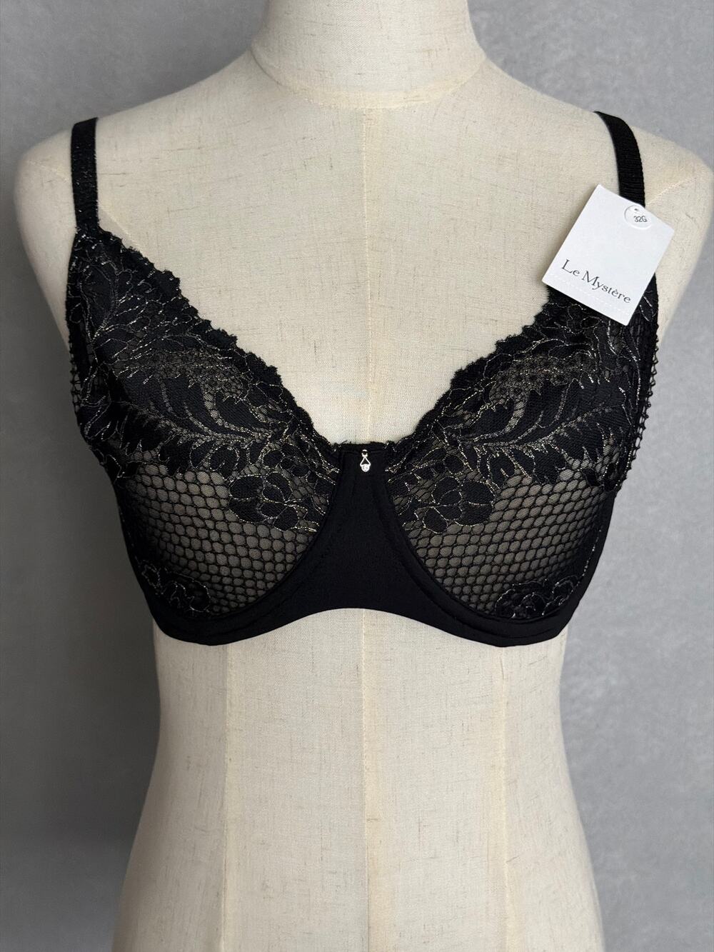 Le Mystѐre Lace Allure Bra Unlined Metallic Detail Black Women's 32G NEW